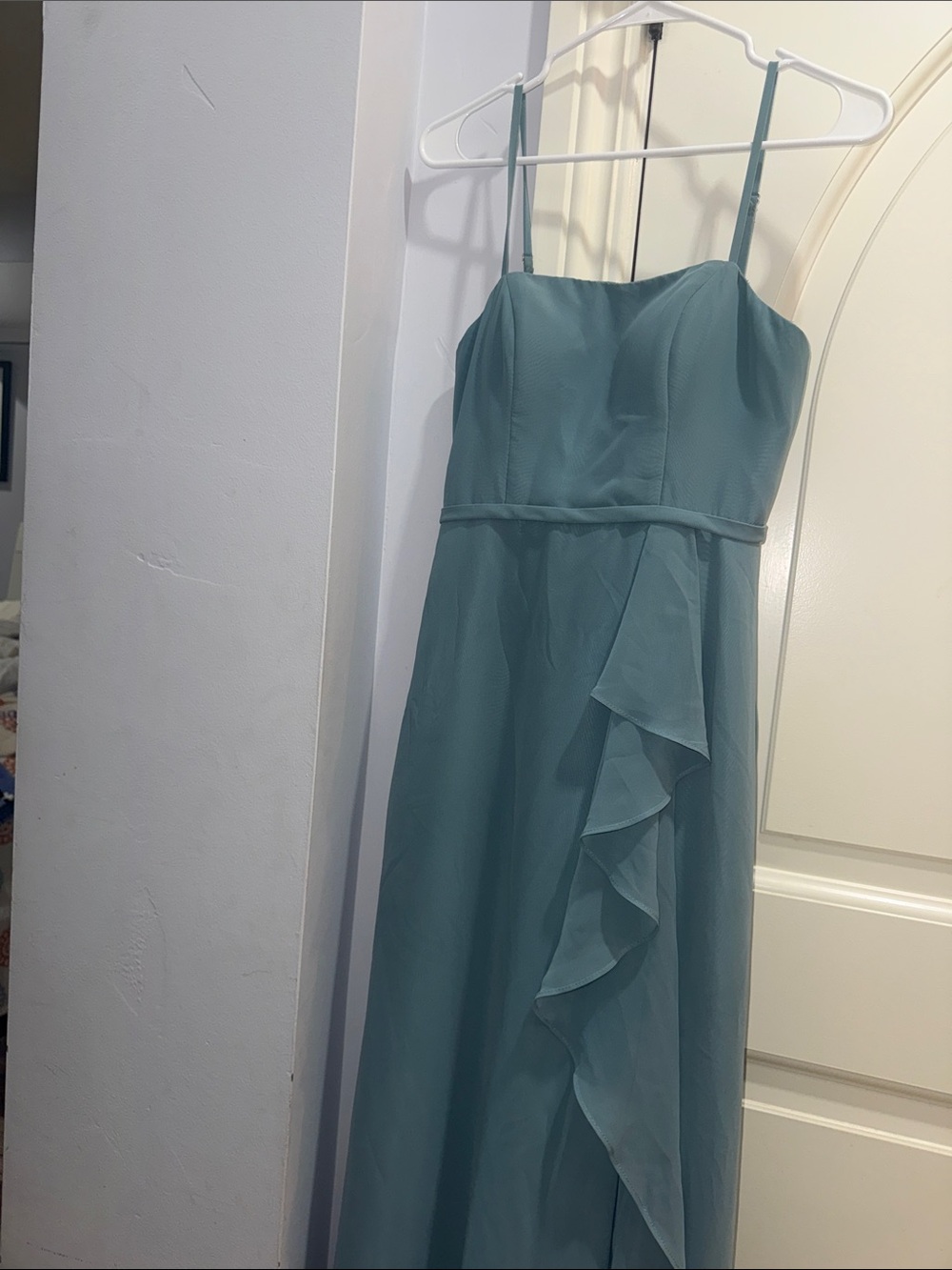Teal Spaghetti-Strap Ruffle Gown